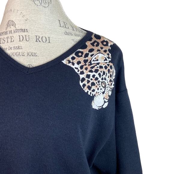 Vintage 1990s Keneth Too! Black Ribbed Chetah Graphic Print Short Sleeve Large - Picture 3 of 8